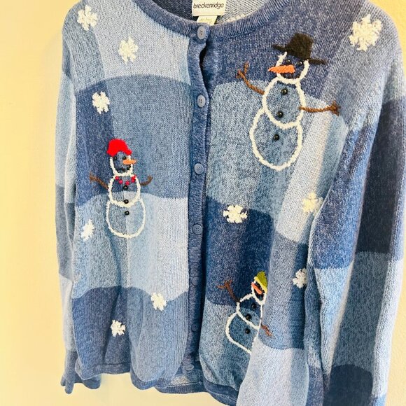 Breckenridge Snowman Cardigan Womens Size Large Vintage Blue Applique Sweater - Picture 2 of 11